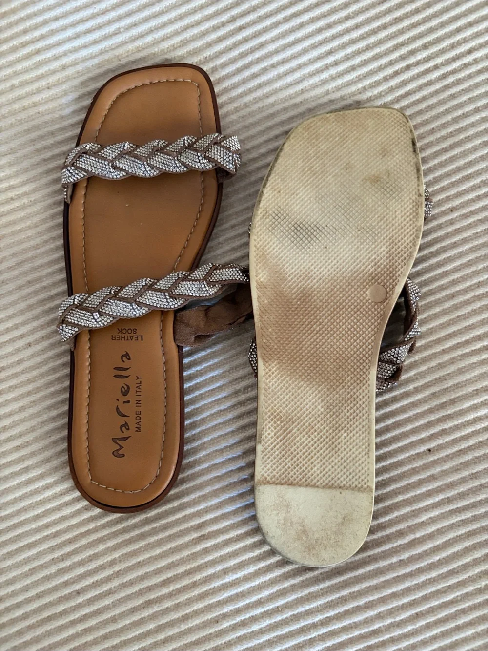 Ariella Tan Slide Sandals with Braided Metallic Straps